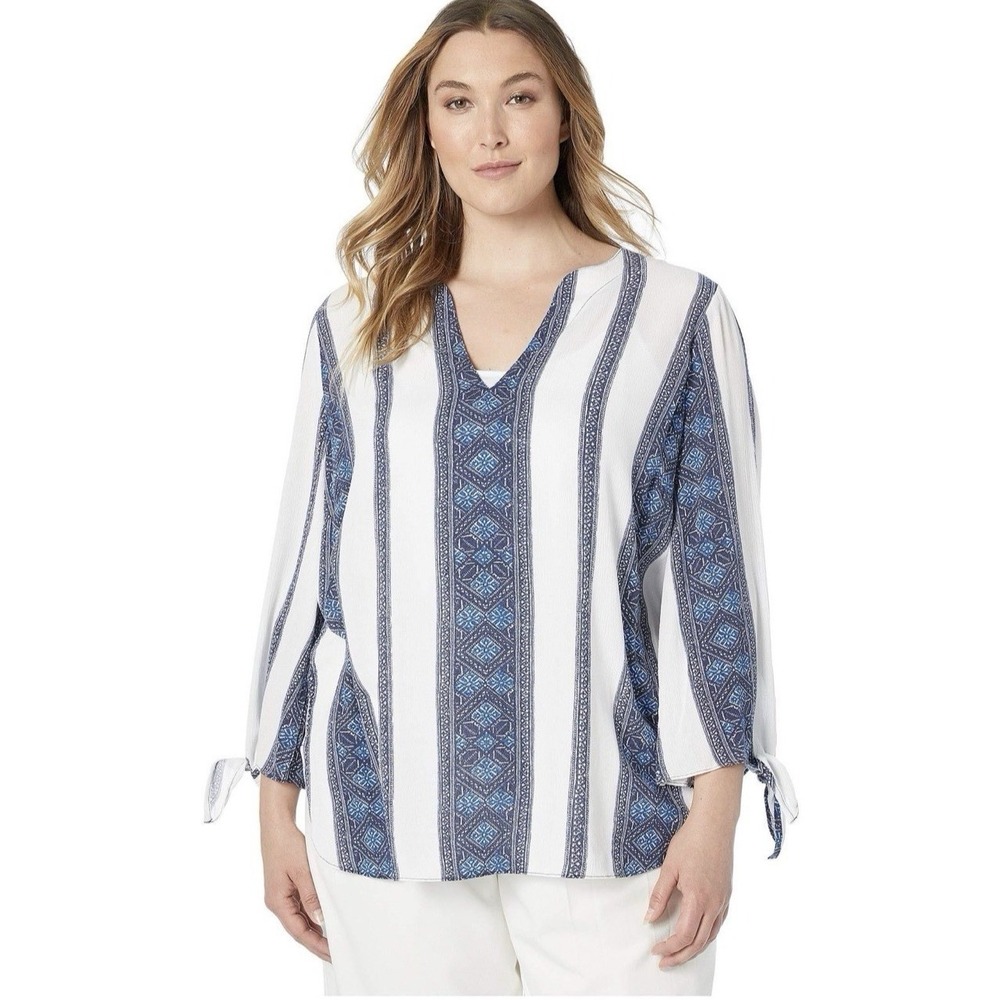 Michael Kors Blue White Embroidered‎ Blouse Sz-L Tie Sleeve Boho 3/4  Sleeve Top